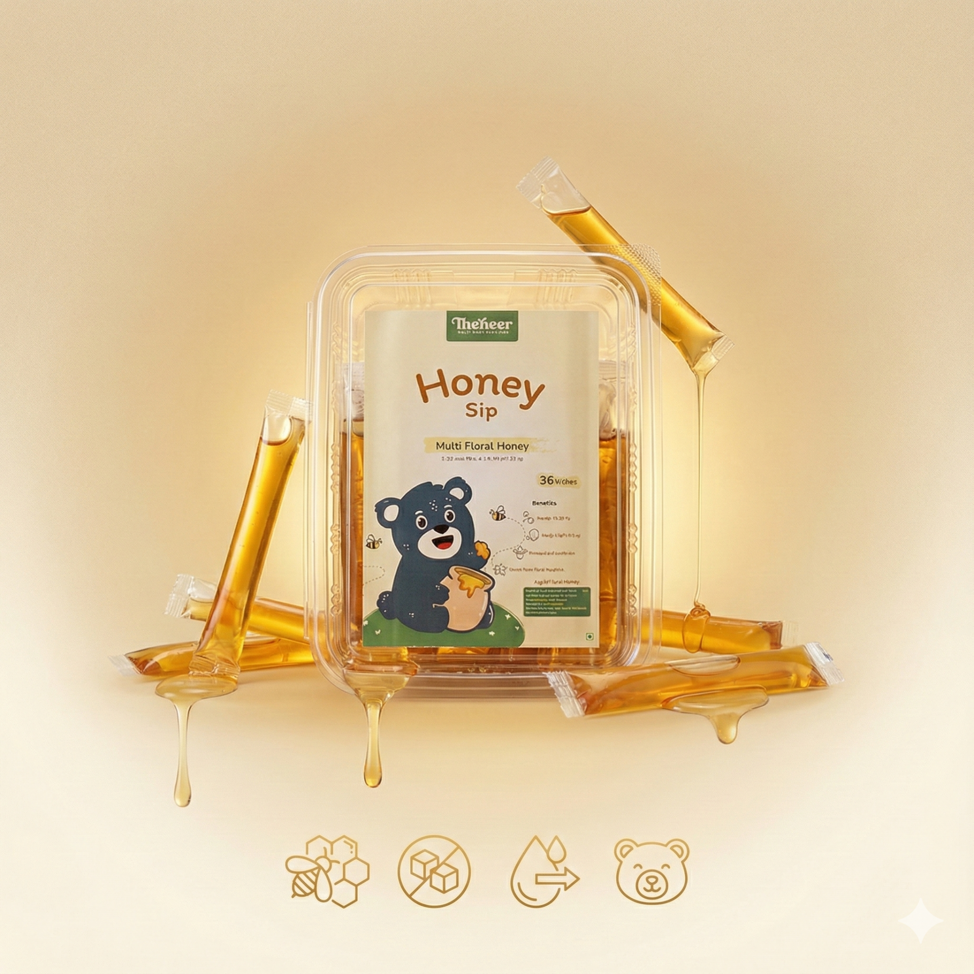 Honey Sip - Pure Multi Floral Honey tubes, 36 sachet per box